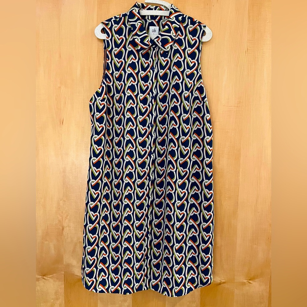 EUC Sleeveless Shirtdress in Navy Interlocking Heart Pattern from CAbi - Size L